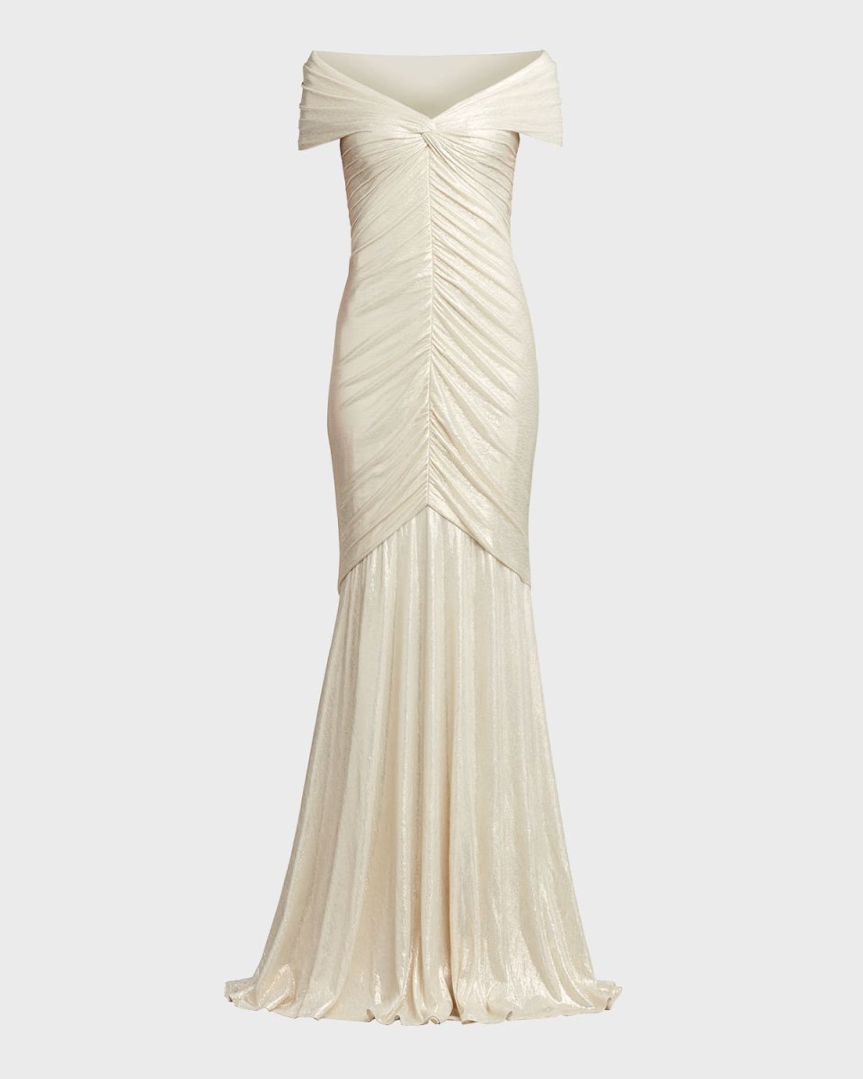 Ruched Off-Shoulder Shimmer Jersey Gown